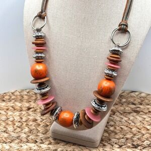 Boho Eclectic Statement Necklace Orange Wood Bead Earthy and Silver Tones Chunky
